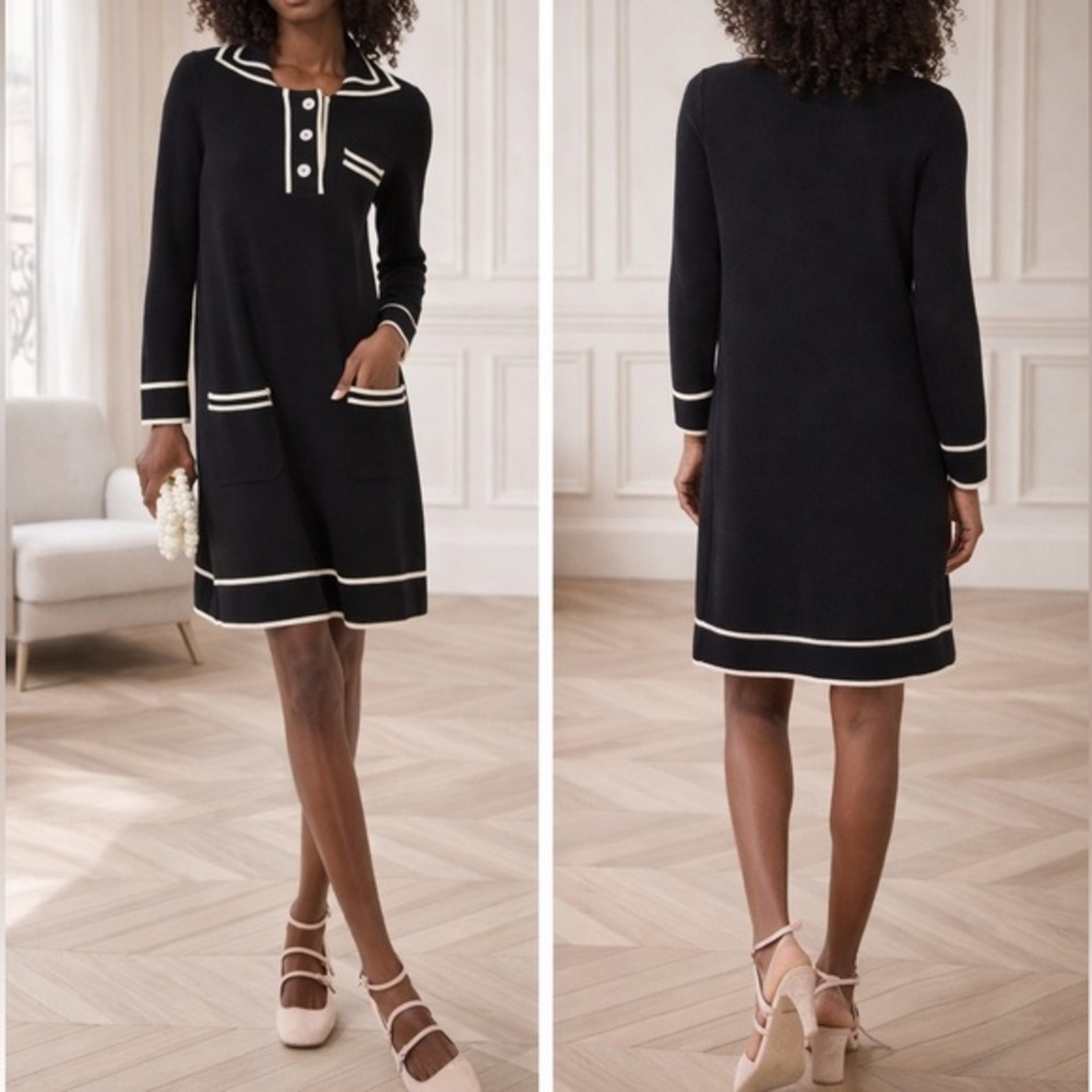 Tuckernuck Black Knit Sailor-Style Mini Dress with Cream Trim